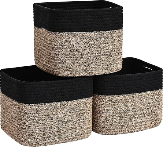 3 Pack Cube Storage Bin, 9”x9”x7” Cotton Rope Woven Baskets for Organizing Toys Clothes Towels, Square Gift Storage Baskets for Shelves, Nursery, Closet, Bathroom, Pantry (Black & Brown)