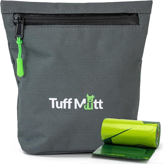 Tuff Mutt Dog Poop Bag Holder with Dispenser, Odor-Blocking Liner and Water-Resistant Fabric, Holds Full Dog Waste Bags, Adjustable Waist Belt, Includes Doggy Poop Roll