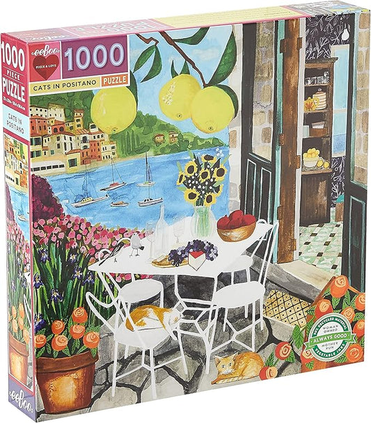 eeBoo 1000 Piece Puzzle - Cats in Positano Jigsaw Puzzle for Adults, Square 23" x 23" Made with Recycled Board & Vegetable-Based Ink