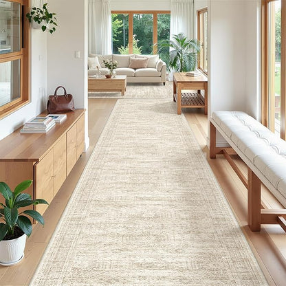3x20 Washable Runner Rug for Hallway, Non-Slip Long Hallway Runner for Entryway, Soft Vintage Kitchen Mats for Floor, Abstract Dining Room, Bedroom, Living Room Rugs(3'x20', Beige/Ivory)