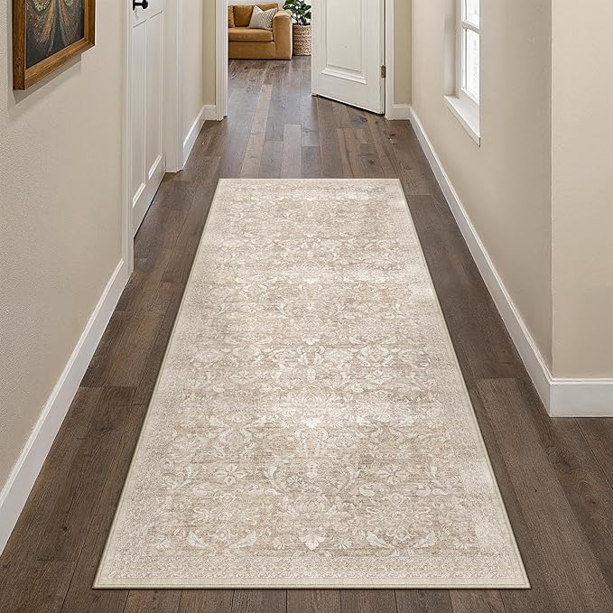 2x6 Runner Rug Washable Beige Vintage Hallway Kitchen Carpet Indoor Non Slip Small Low Plie Thin Bedroom Bathroom Rug Retro Accent Throw Dining Living Room