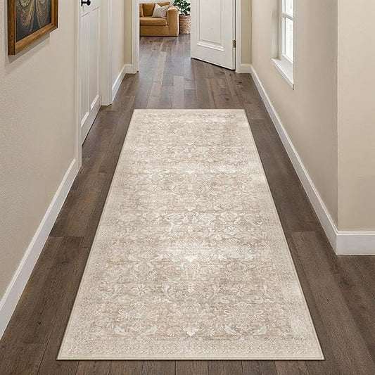 2x6 Runner Rug Washable Beige Vintage Hallway Kitchen Carpet Indoor Non Slip Small Low Plie Thin Bedroom Bathroom Rug Retro Accent Throw Dining Living Room