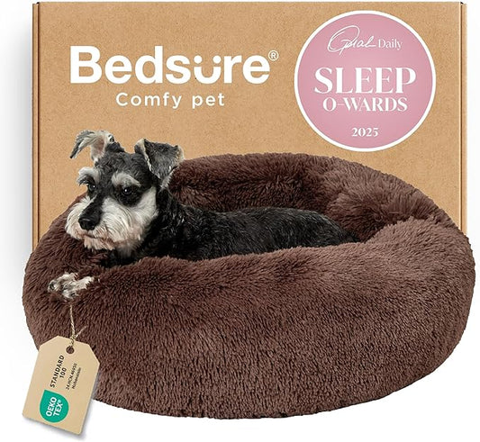 Bedsure Calming Dog Bed for Small Dogs - Donut Washable Small Pet Bed, 23 inches Anti-Slip Round Fluffy Plush Faux Fur Large Cat Bed, Fits up to 25 lbs Pets, Coffee