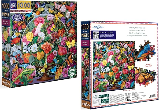 eeBoo 1000 Piece Puzzle - Butterfly Still Life Jigsaw Puzzle for Adults, Square 23" x 23" Made with Recycled Board & Vegetable-Based Ink