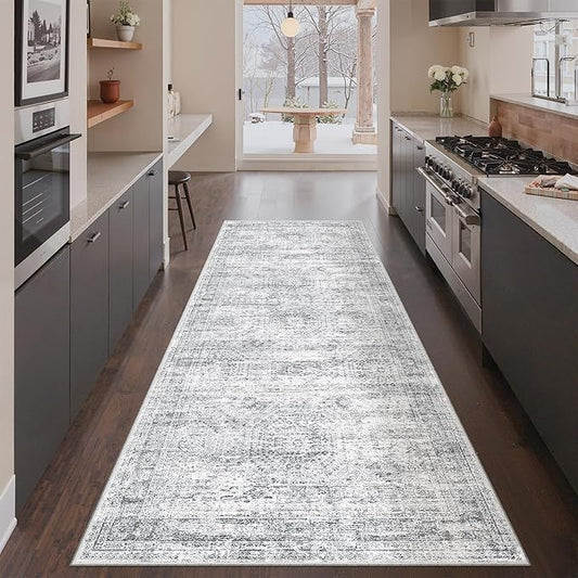 3x8 Runner Rug Non Slip Washable for Entryway, Vintage Hallway Runner for Front Porch, Laundry Room, Bedroom, Abstract Stain Resistant Thin Indoor Kitchen Mats for Floor(3'x8', Grey/Ivory)