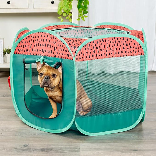 Furhaven Portable Dog Playpen Cat Tent, Pet Playground,Kennel Foldable Indoor Outdoor Zippered Puppy Crate - Green & Pink, Small