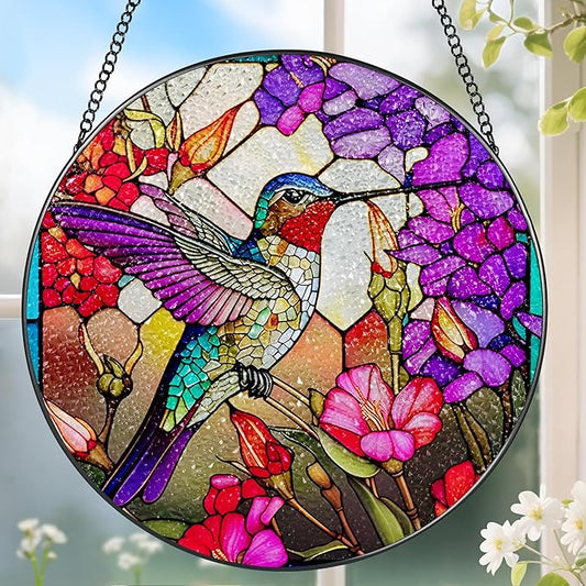 8 Inch Stained Glass Suncatcher Ornament, DOUHASU Hummingbird Sun Catchers Indoor Window, Stained Glass Window Hanging, Home Decor, Hummingbird Lovers Gifts for Women, Mom, Friend