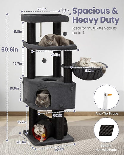 Cat Tree Tower for Large Cats Adult - 60 Inch XXL Sturdy Heavy Duty Extra Wide Scratching Posts (φ4.4in) Condo - Indoor Big Cat House Hammock Perch - XL Wood Multi Level Feline Pet Bed Trees Houses