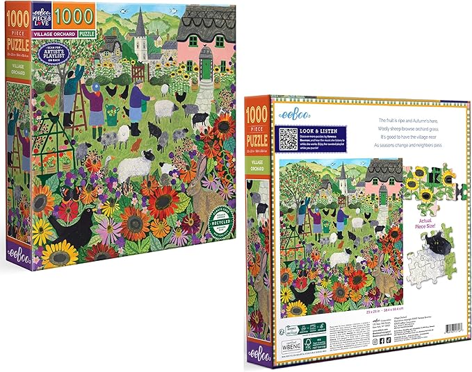 eeBoo 1000 Piece Puzzle - Village Orchard Jigsaw Puzzle for Adults, Square 23" x 23" Made with Recycled Board & Vegetable-Based Ink