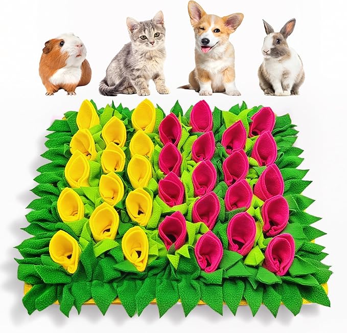 Snuffle Mat for Dogs, Cats, Rabbits, Guinea Pigs, Durable Washable Pet Feeding Mat, Flower & Grass Slow Feeder, Nose Work Training Pad, Anxiety Relief & Mental Stimulation(S, Yellow/Rose Red)