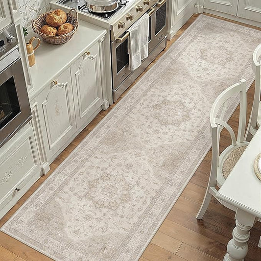 Beige Runner Rug 2'6"x8' Washable Vintage Carpet Hallway Kitchen Soft Retro Low Pile Thin Indoor Bedroom Non Slip Oriental Medallion Long Throw Rug for Bathroom Laundry Dining Room