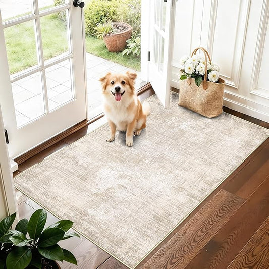 Washable 3x4 Hallway Runner Rug: Abstract Soft Entryway Doormat Water-Resistan Bathroom Kitchen Carpet with Non-Slip Backing Modern Living Room Bedroom Dining Room Decorative Carpet（3x4,Warm/Beige）