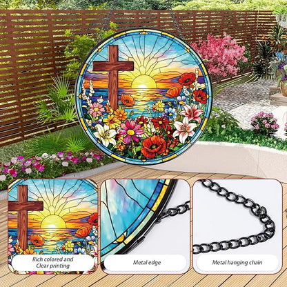 Cross Stained Glass Window Hanging, 8 Inch Wildflower Sunset Sun Catcher Gift, Religious Easter Faith Christian Gifts for Wall Art Hanging Decorations