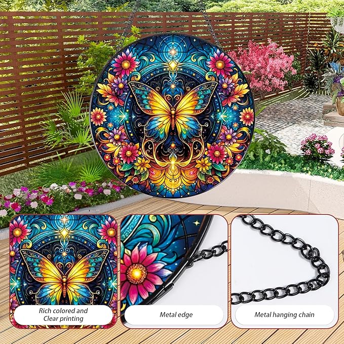 Stained Glass Window Hanging, 7.8″ Butterfly Flower Sun Catchers with Hook Indoor Window Decor, Decorative Suncatchers Hanging Ornaments Home Garden Art Gift for Housewarming