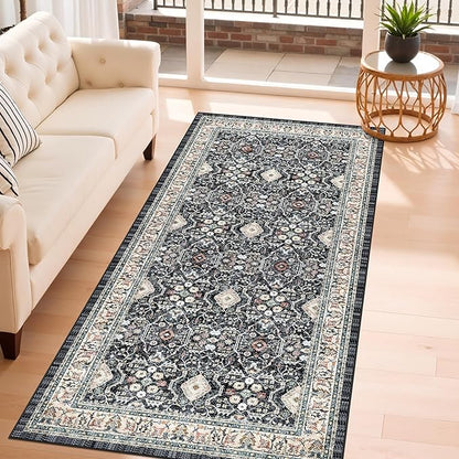 4x8 Washable Kitchen Area Rug: Farmhouse Stain-Resistant Rug for Living Room Bedroom Wide Soft Carpet for Entryway Dining Room Thin Hallway Floor Mat with Non Slip Backing Vintage Home Dcor(4x8,Black)