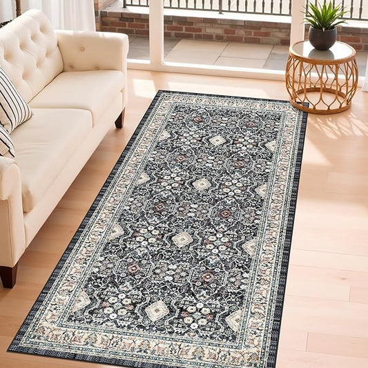 4x8 Washable Kitchen Area Rug: Farmhouse Stain-Resistant Rug for Living Room Bedroom Wide Soft Carpet for Entryway Dining Room Thin Hallway Floor Mat with Non Slip Backing Vintage Home Dcor(4x8,Black)