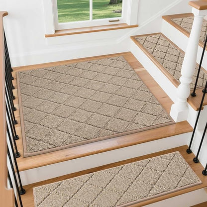 COSY HOMEER Edging Stair Treads Non-Slip Corner Indoor Stair Runners for Wooden Steps,Landing Slip Resistant Stair Rugs Mat for Kids and Dogs,100% Polyester TPE Backing,Beige,30x30 inch