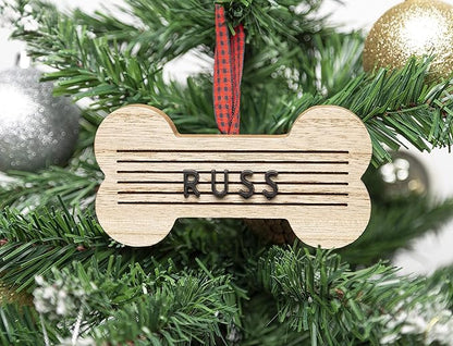 Pearhead Pet Letterboard Bone Holiday Christmas Tree Ornament, Pet Owner Christmas Keepsake, Wood with Buffalo Check Hanging Ribbon