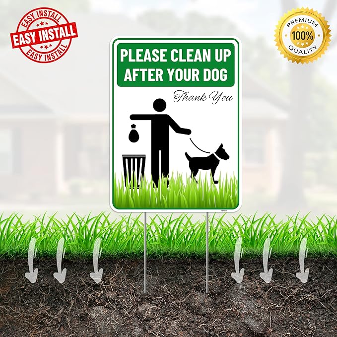 2PC Clean Up After Your Dog Sign with Stakes, 9 Inches by 12 Inches - Corrugated Plastic - Please Pick Up Your Dog Poop Yard Grass Lawn Sign