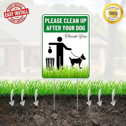 2PC Clean Up After Your Dog Sign with Stakes, 9 Inches by 12 Inches - Corrugated Plastic - Please Pick Up Your Dog Poop Yard Grass Lawn Sign