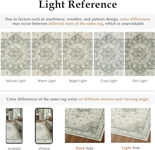 Green Runner Rug 2x6 Washable Vintage Carpet Hallway Kitchen Soft Retro Low Pile Thin Indoor Bedroom Non Slip Oriental Medallion Long Throw Rug for Bathroom Laundry Dining Room