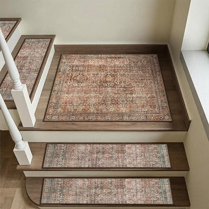 Carpet Stair Treads Non Slip 1PCS, 30" X 30"Edging Stair Runner for Wooden Steps Indoor, Resistant Stair Rugs with Reusable TPE Adhesive Backing, Residue Free Mat for Kids,Pets,Rust & Brown