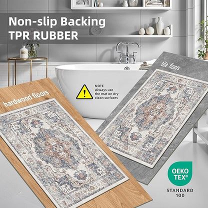 Washable Kitchen Rug Set of 3: Boho Non-slip Soft Stove Sink Mat Light Weight Stain Resistant Carpet for Dog Bowl Area Comfort Tile/Hardwood Floors Protection Mat for Entryway Foyer(2x3+2x4+2x5,Brick)
