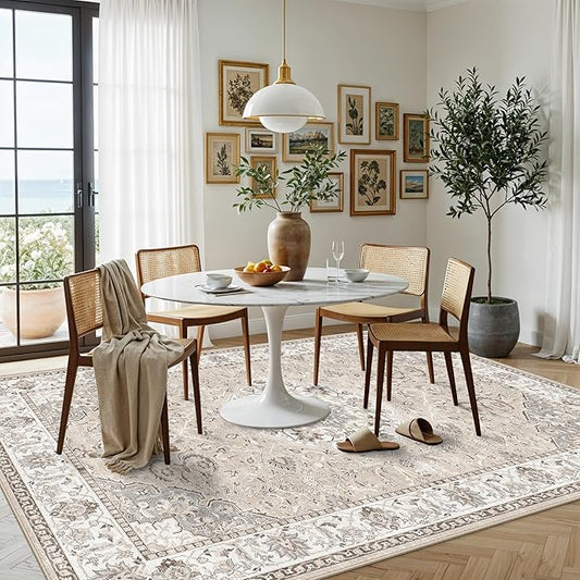 Living Room 6x9 Area Rugs: Farmhouse Washable Ultra Soft Carpet for Bedroom Nursery Indoor Vintage Stain Resistant Rug for Dining Room Non-Slip Durable Neutral Floor Mat for Pet Owners(6x9 Beige)
