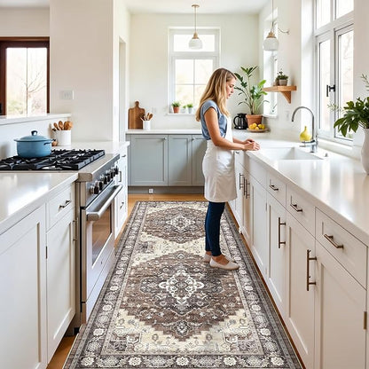 4x10 Wide Hallway Runner Rug: Vintage Washable Soft Rugs for Living Room Bedroom Water Resistant Carpet with Non-Slip Backing for Entry Kitchen Dining Room Thin Nursery Bathroom Floor Mat(Brown,4x10)