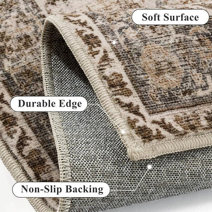 Brown Runner Rug 2x8 Washable Vintage Long Carpet Low Pile Traditional Distressed Retro Accent Indoor Hallway Throw Rug Non Slip for Kitchen Laundry Bathroom Dining Room