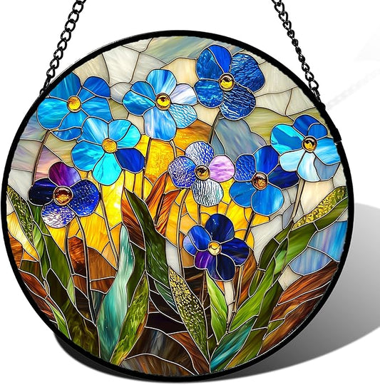 Stained Glass Window Hanging - Blue Wildflower Plant Flowers Sun Catcher for Door Garden Home Decor Suncatcher Christmas Mother's Day Birthday Gifts for Women Men Mom Nana 15 in