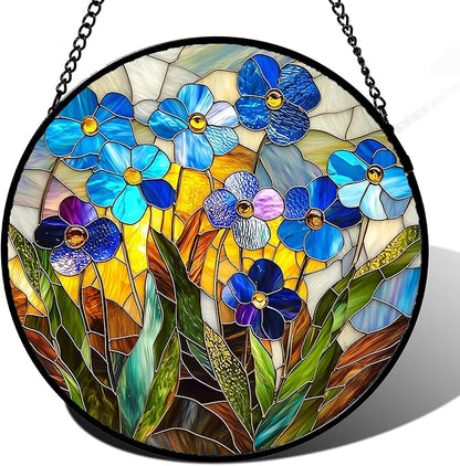 Stained Glass Window Hanging - Blue Wildflower Plant Flowers Sun Catcher for Door Garden Home Decor Suncatcher Christmas Mother's Day Birthday Gifts for Women Men Mom Nana 6.3 in