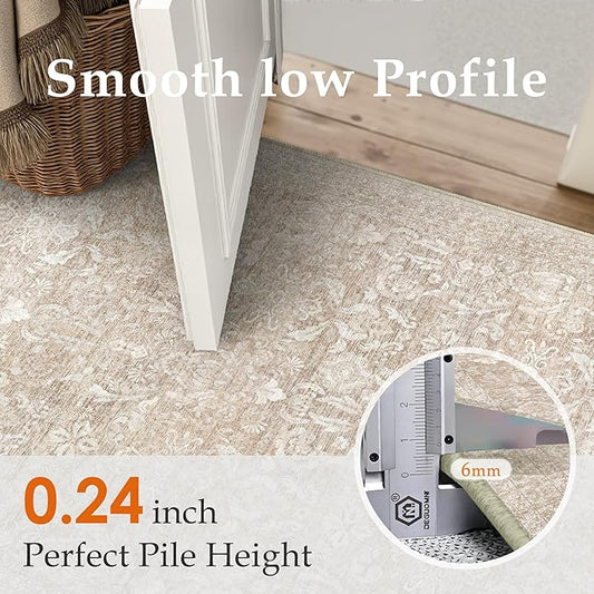 2x6 Runner Rug Washable Beige Vintage Hallway Kitchen Carpet Indoor Non Slip Small Low Plie Thin Bedroom Bathroom Rug Retro Accent Throw Dining Living Room