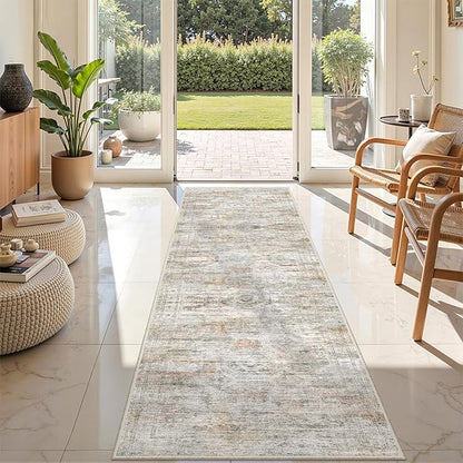 Rug Runners for Hallways Non Slip - 2x8 Runner Rug for Bedroom, Washable Runner with Rubber Backing, Soft Low-Pile Carpet for Kitchen, Laundry, Bathroom (2'x8', Grey/Rust)