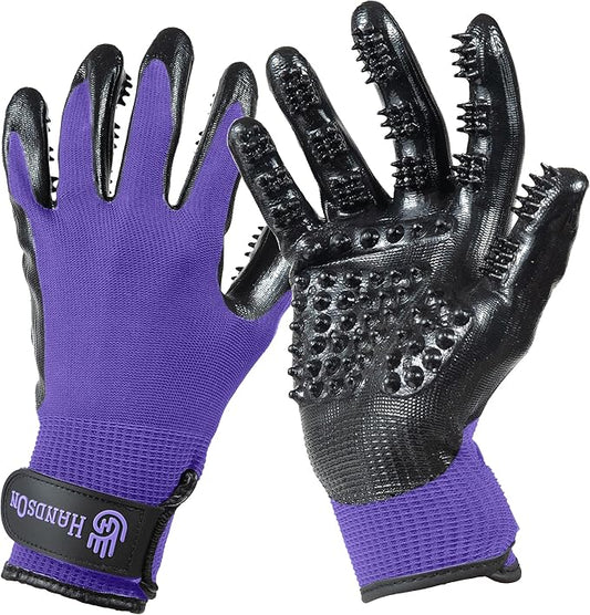 Handson Pet Grooming Gloves - Patented #1 Ranked, Award Winning Shedding, Bathing, Hair Remover Gloves - Gentle Brush for Cats, Dogs, and Horses (Purple, Junior)