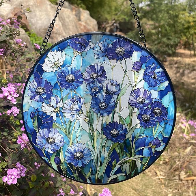 Cornflower Blue Suncatcher for Window and Garden - 7.8 in Handmade Stained Glass Suncatcher for Outdoor Decor, Rainbow Maker Gift for Mom, Housewarming, Birthday, Christmas - Home Decor