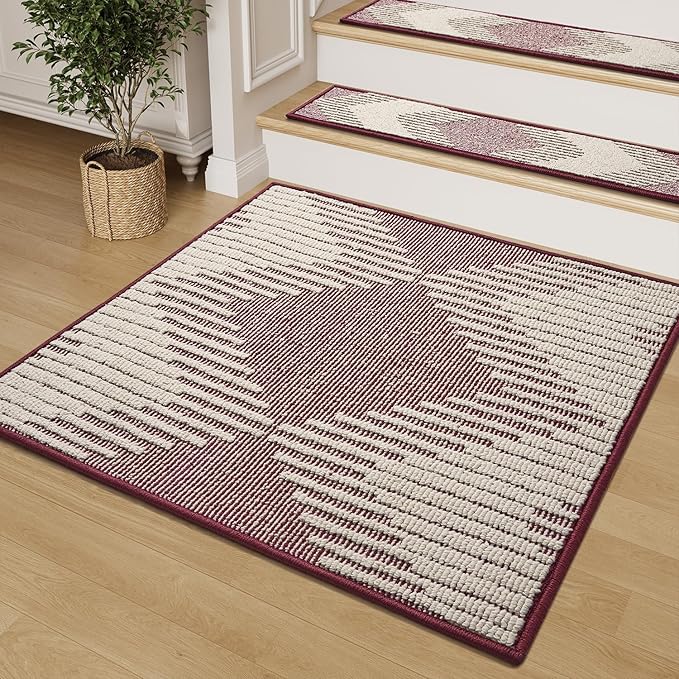 PADOOR Stair Landing Mat Non Slip for Wooden Steps Indoor, 3D Peel and Stick Stair-Carpet Treads Washable Reusable Adhesive Stair Rugs for Kids and Dogs 31"x31" Red