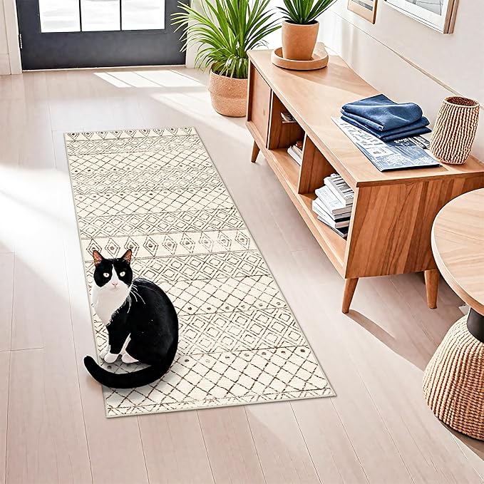 2x5 Rug Runner Boho Geometric: Washable Hallway Moroccan Runners - Non Slip Low Pile Soft Pets Friendly Rugs for Kitchen Bathroom Bedroom Entryway Laundry 2x5 Geo Beige