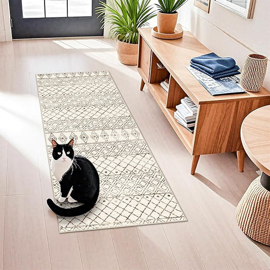 2x5 Rug Runner Boho Geometric: Washable Hallway Moroccan Runners - Non Slip Low Pile Soft Pets Friendly Rugs for Kitchen Bathroom Bedroom Entryway Laundry 2x5 Geo Beige