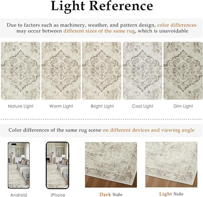 2x6 Runner Rug Beige Washable Hallway Kitchen Carpet Vintage Distressed Small Non Slip Low Pile Thin Bedroom Medallion Accent Throw Rug Laundry Living Room