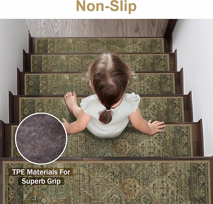 Non Slip Stair Treads for Wooden Steps 15PCS - 8"x30" Indoor Safety Carpet, Edging Mats with TPE Adhesive Backing, Pet and Elderly Friendly Stair Rugs (Olive/Brown)