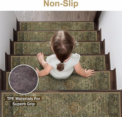 Non Slip Stair Treads for Wooden Steps 15PCS - 8"x30" Indoor Safety Carpet, Edging Mats with TPE Adhesive Backing, Pet and Elderly Friendly Stair Rugs (Olive/Brown)