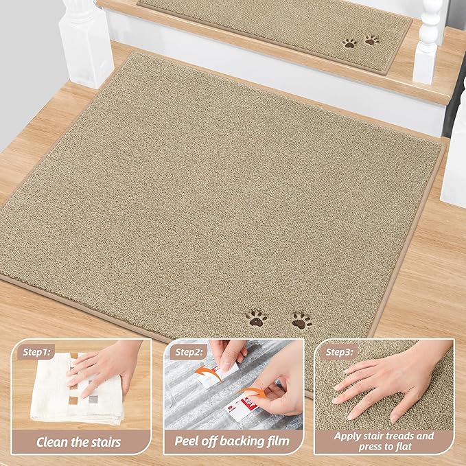 BEQHAUSE Stair Landing Rug Non-Slip 30"x30", Square Stair Landing Mats for Stairs Washable, Carpet Stair Treads Matching Mats for Wooden Steps Indoor Landing Rugs Surface Polyester TPE Backing, Beige