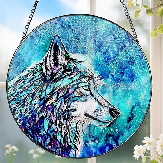 Stained Glass Window Hanging, Stained Glass Suncatcher, Wolf Sun Catcher, Window Hanging Decor, Wolf Lover Gift, Gifts for Fathers Day or Mathers Day, Christmas or Birthday Gift, Gifts for Women Men