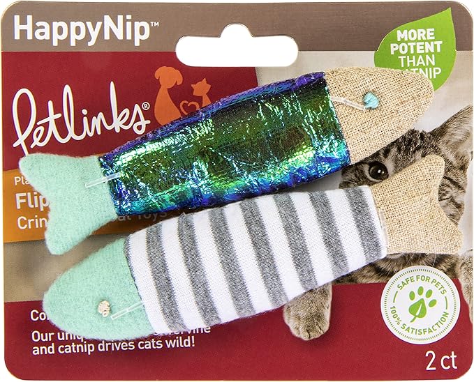 Petlinks (2 Count) HappyNip Flipper Fish Cat Toys, Contains Silvervine & Catnip - Multi Color, 2 Count