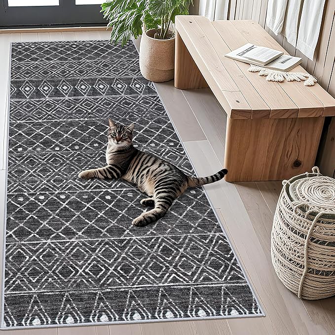 3x6 Runner Rug Washable - Moroccan Hallway Runners Non Slip Pets Friendly Rug Low Pile Soft Indoor Floor Mat Front Door for Kitchen Bedroom Entryway Laundry 3x6 Black