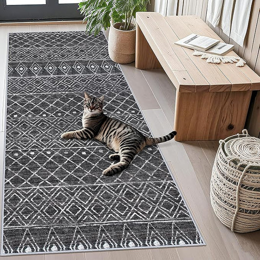 3x6 Runner Rug Washable - Moroccan Hallway Runners Non Slip Pets Friendly Rug Low Pile Soft Indoor Floor Mat Front Door for Kitchen Bedroom Entryway Laundry 3x6 Black