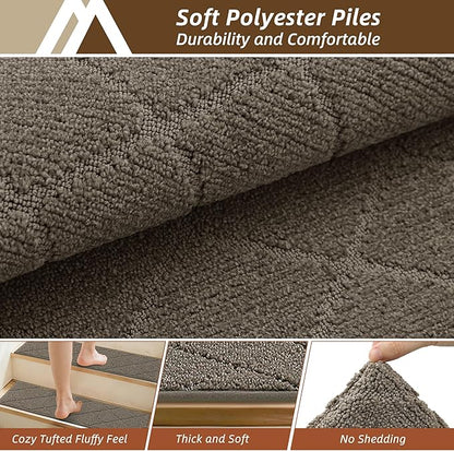 COSY HOMEER Stair Treads for Wooden Steps 9"x28" Washable Indoor Carpet Stair Treads Non Slip Soft Polyester Stair Carpet Tread Reusable Stair Runner Rugs for Kids, Elders,Pets,Light Brown,4pcs