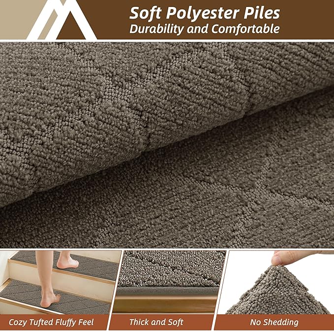 COSY HOMEER Stair Treads for Wooden Steps 9"x28" Washable Indoor Carpet Stair Treads Non Slip Soft Polyester Stair Carpet Tread Reusable Stair Runner Rugs for Kids, Elders,Pets,Light Brown,10pcs
