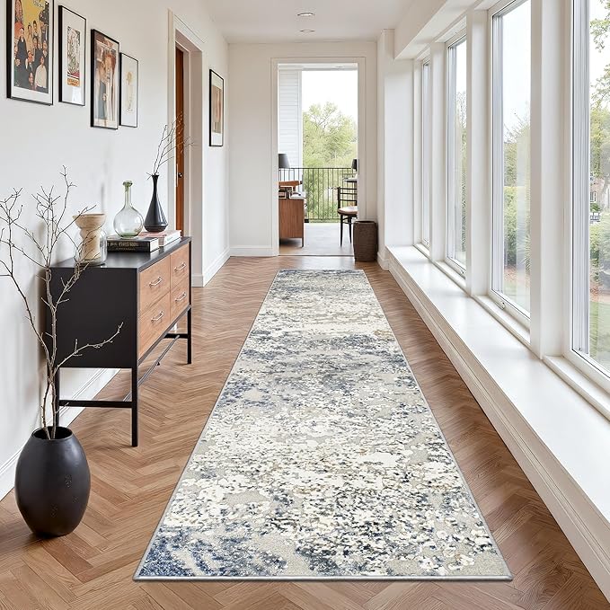 Art&Tuft Runner Rug 2'6x10' - Anti-Slip Backing Abstract Hallway Rug, Stain Resistant Kitchen Rugs, Foldable Machine Washable Area Rug(TPR18-Blue, 2'6x10')